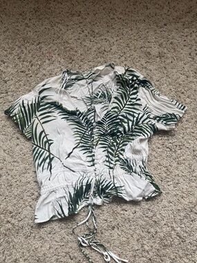 H&M White Blouse with Green Leaf Print and Drawstring Waist